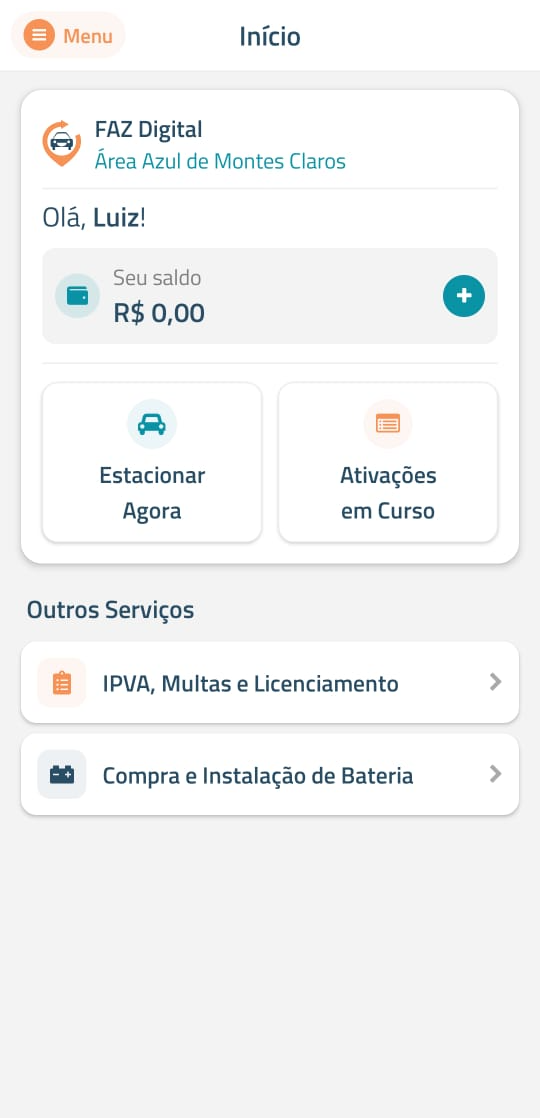 Tela inicial do app FAZ Digital Montes Claros